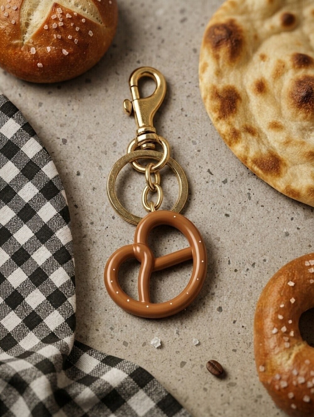 Glossy Pretzel Keychain Bag Charm Gold Tone Foodie Novelty Purse Clip Ring 4.3"